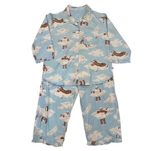 Nick & Nora Sock Monkey Pajama Set Blue Cotton Button Down Top Crop Pants M